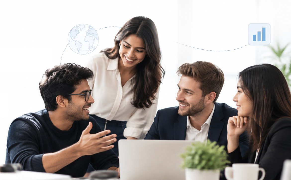 Four colleagues around a laptop in conversation